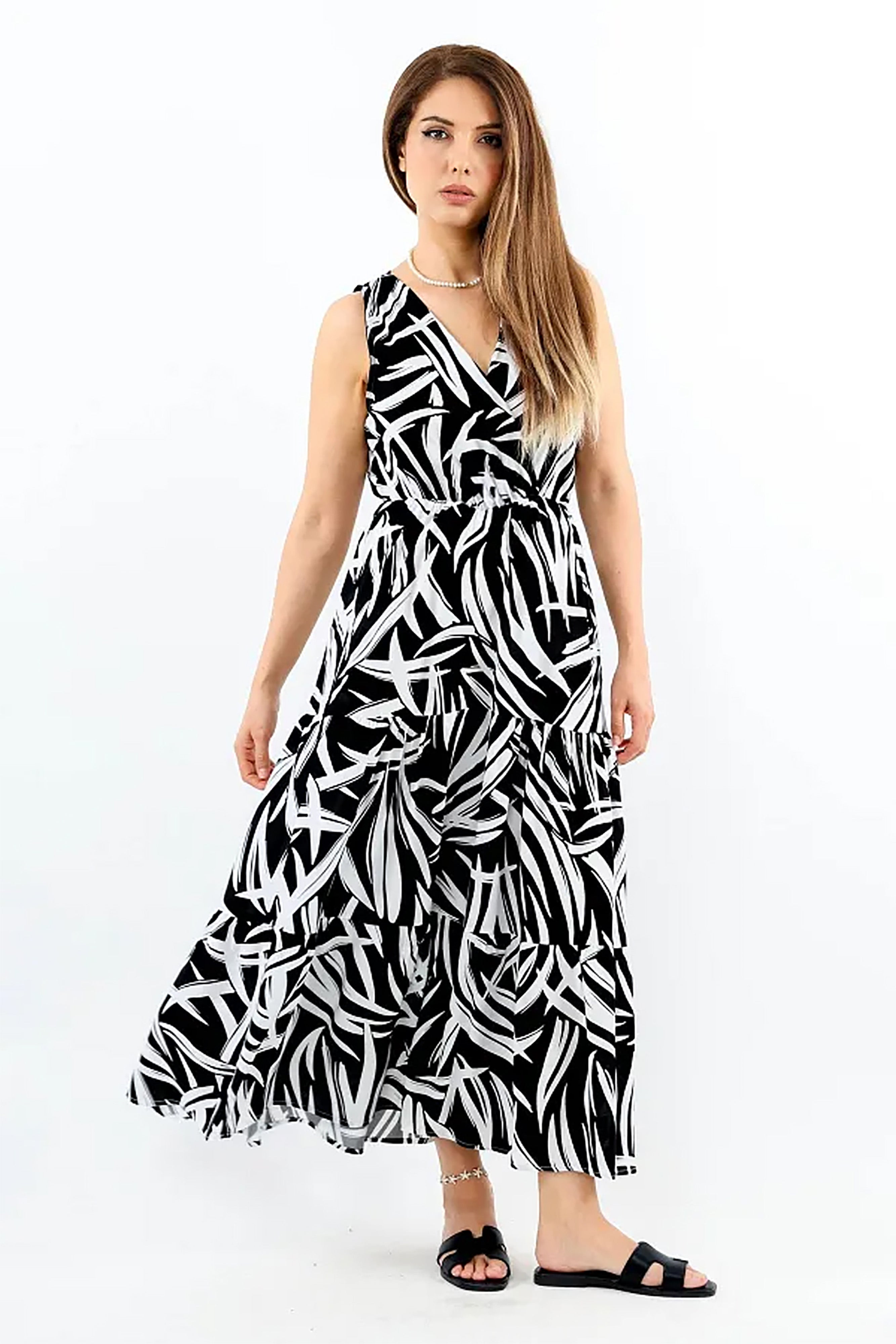 Pimu Viscose Patterned Summer Dress - Elastic Waist, V-Neck - Black