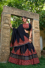 Thumbnail for Lorenvalley Black Pure Cotton Plain With Printed And Paper Mirror Work Lace Lehenga Choli - Distacart