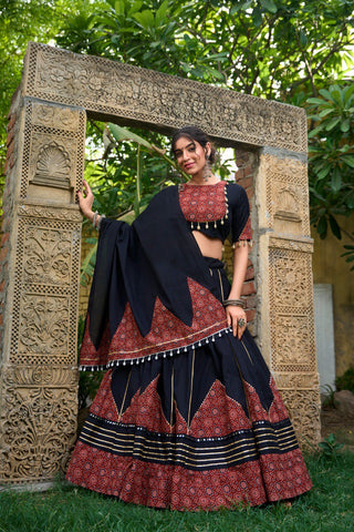 Lorenvalley Black Pure Cotton Plain With Printed And Paper Mirror Work Lace Lehenga Choli - Distacart