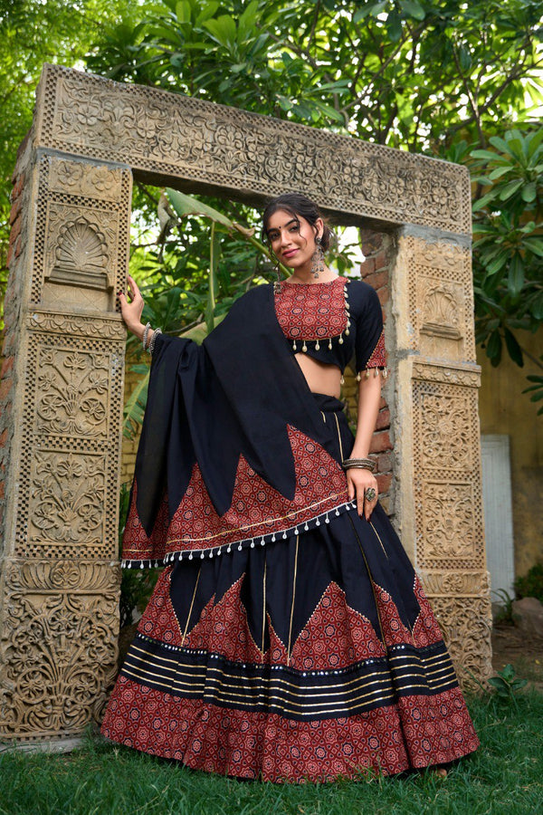 Lorenvalley Black Pure Cotton Plain With Printed And Paper Mirror Work Lace Lehenga Choli - Distacart