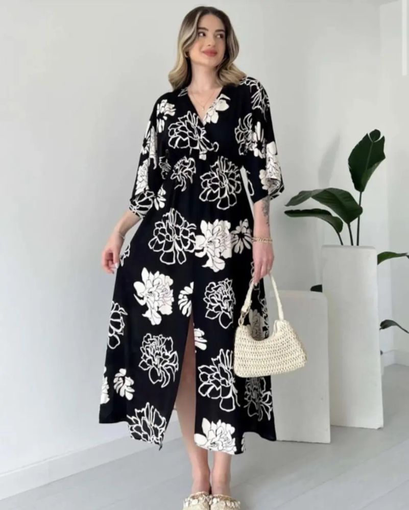 Pimu Front Slit Midi Dresses V-neck Designs For Women Party Wear - Black