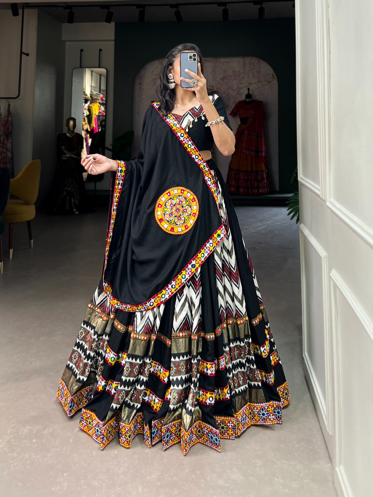 Lorenvalley Black Rayon With Printed Silk Original Mirror Gamthi Work Lehenga Choli With Dupatta - Distacart