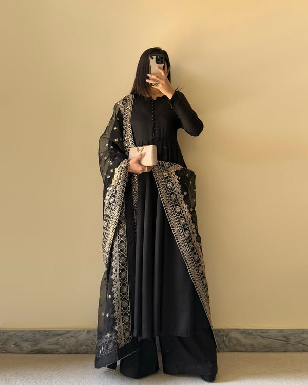 Lorenvalley Black Faux Georgette Yoke and Sleeve Potli Button Work Kurta Palazzo With Dupatta Set