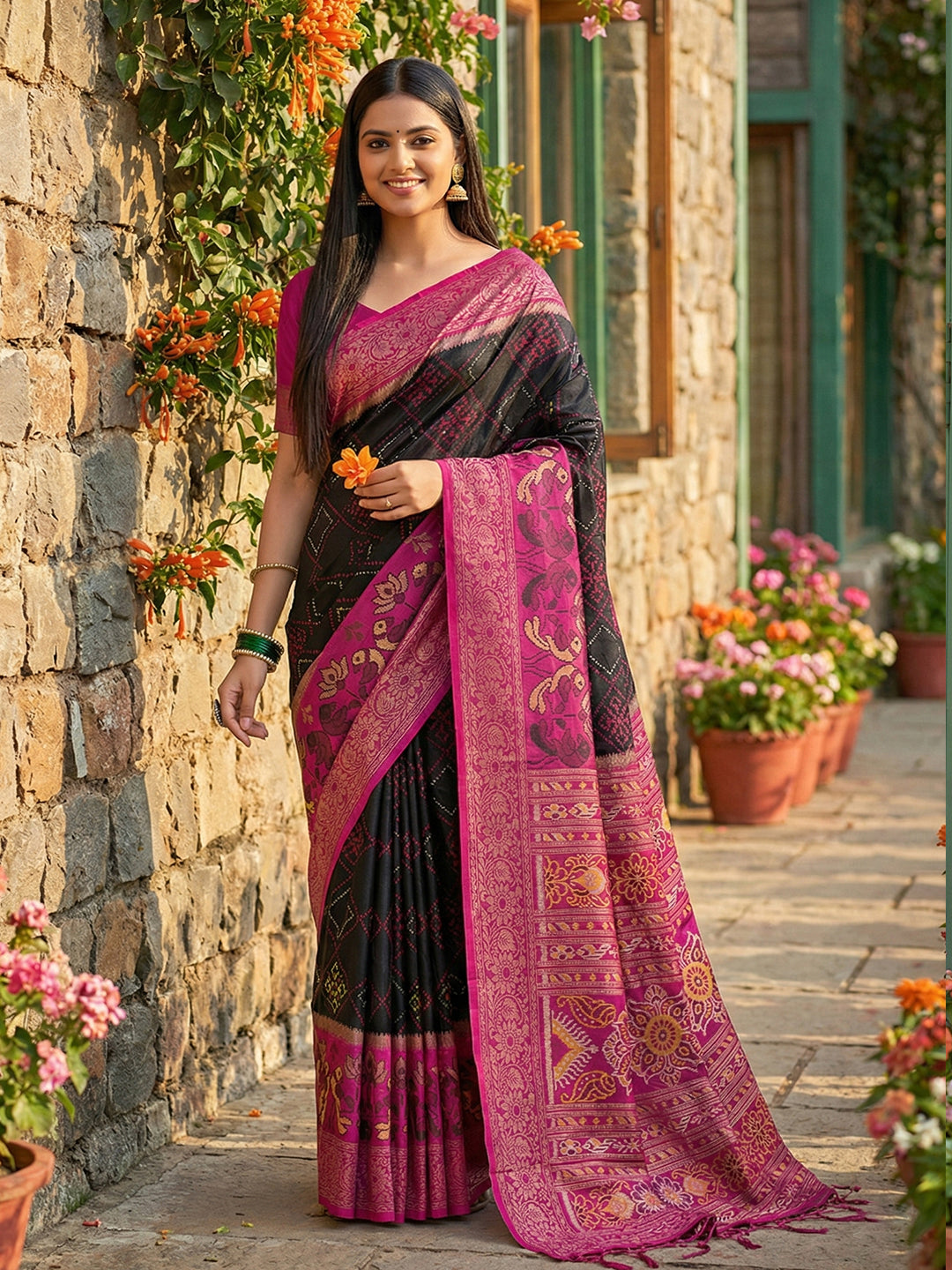 Anaita Black Pochampally Printed Saree With Blouse - Distacart