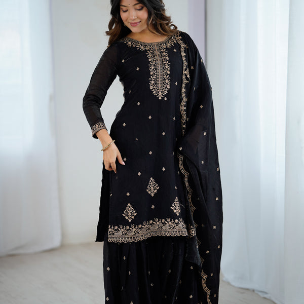 Lorenvalley Black Soft Crunchy Silk with Embroidery Sequence and Jari Work Kurta Palazzo with Dupatta