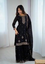 Thumbnail for Lorenvalley Black Soft Crunchy Silk with Embroidery Sequence and Jari Work Kurta Palazzo with Dupatta