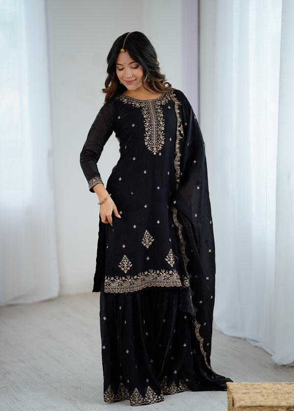 Lorenvalley Black Soft Crunchy Silk with Embroidery Sequence and Jari Work Kurta Palazzo with Dupatta