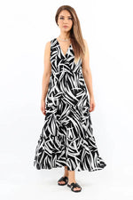 Thumbnail for Pimu Viscose Patterned Summer Dress - Elastic Waist, V-Neck - Black