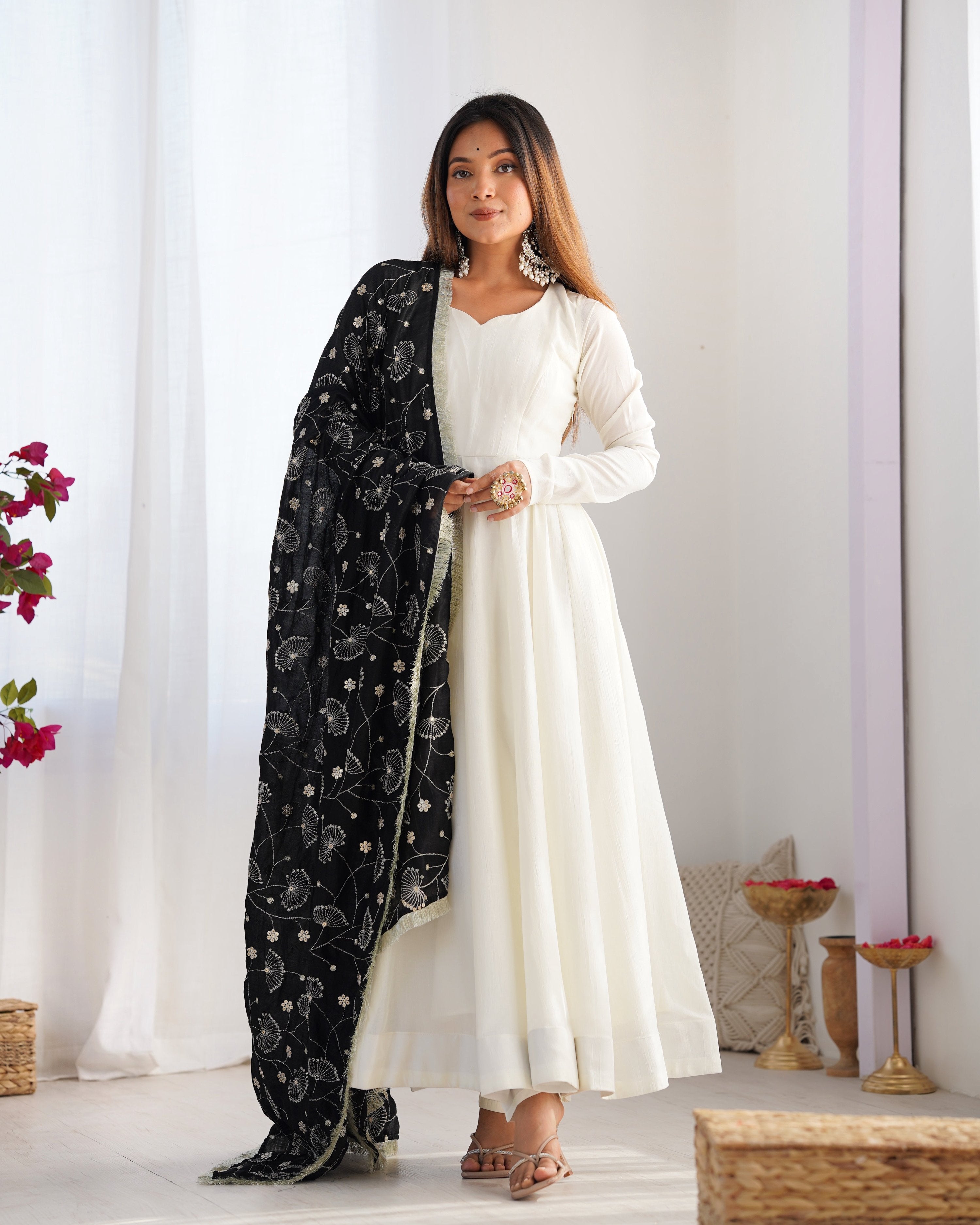 Lorenvalley Fashion White Vichitra Silk Fabric Fully Flared Anarkali Pant With Dupatta Set