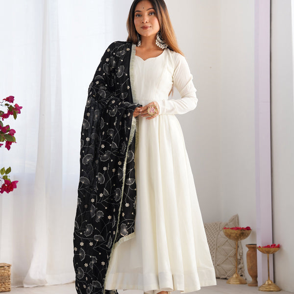 Lorenvalley Fashion White Vichitra Silk Fabric Fully Flared Anarkali Pant With Dupatta Set - Distacart