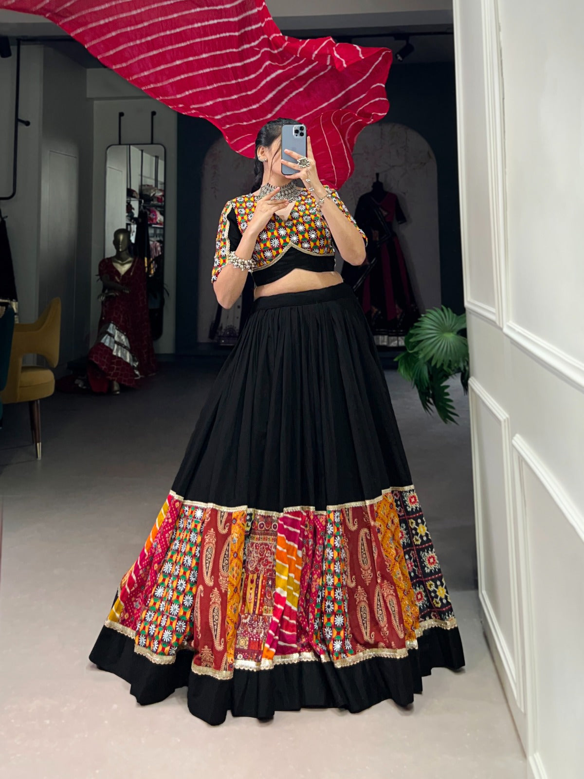 Lorenvalley Black Pure Rayon with Plain And Printed With Original Mirror Gamthi Work And Lace Touch Up Lehenga Choli - Distacart