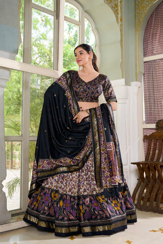Lorenvalley Black Tussar Silk Floral Print with Foil Print Lehenga Choli with Dupatta - Distacart