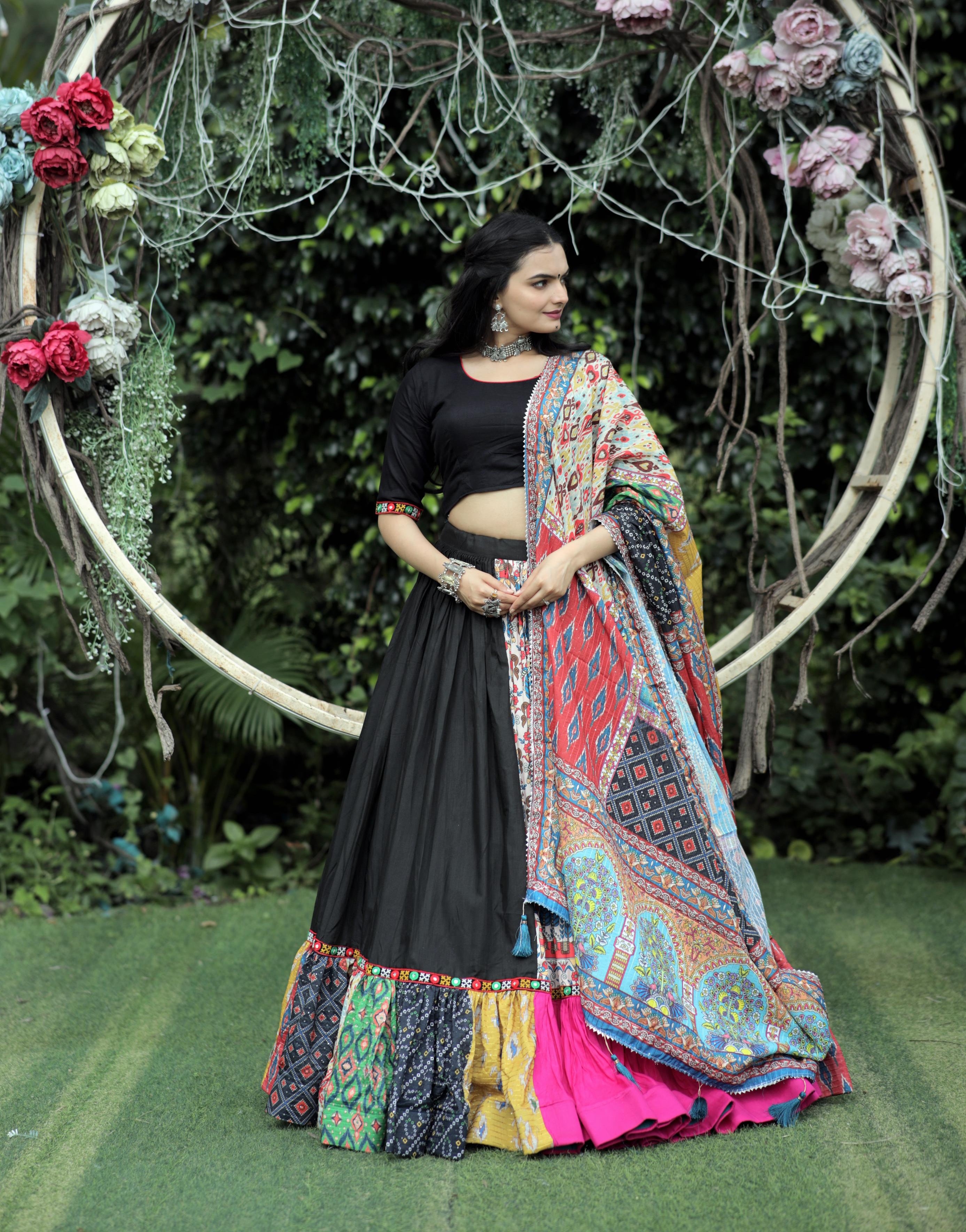 Lorenvalley Black Premium Rayon Lehenga with Choli with Digital Printed with Gotta Patti Lace Border Dupatta Set - Distacart