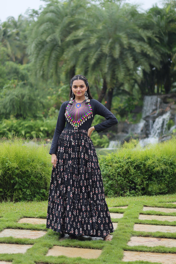 Lorenvalley Black Cotton Printed With Kutchi Gamthi Work and Kodi Lace Gown - Distacart