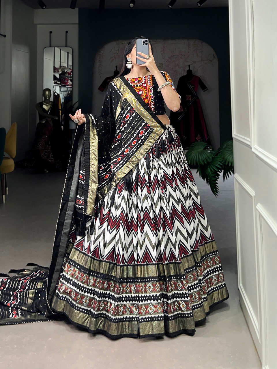 Lorenvalley Black Tussar Silk Leheriya Print with Foil Print and Paper Mirror Work Lace Lehenga Choli with Dupatta - Distacart