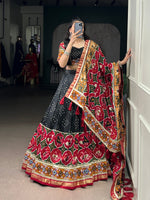 Thumbnail for Lorenvalley Fashion Black Tasar Silk Print with Foil Work and Real Mirror Gamthi Work with Lace Touch Up Lehenga Choli with Dupatta