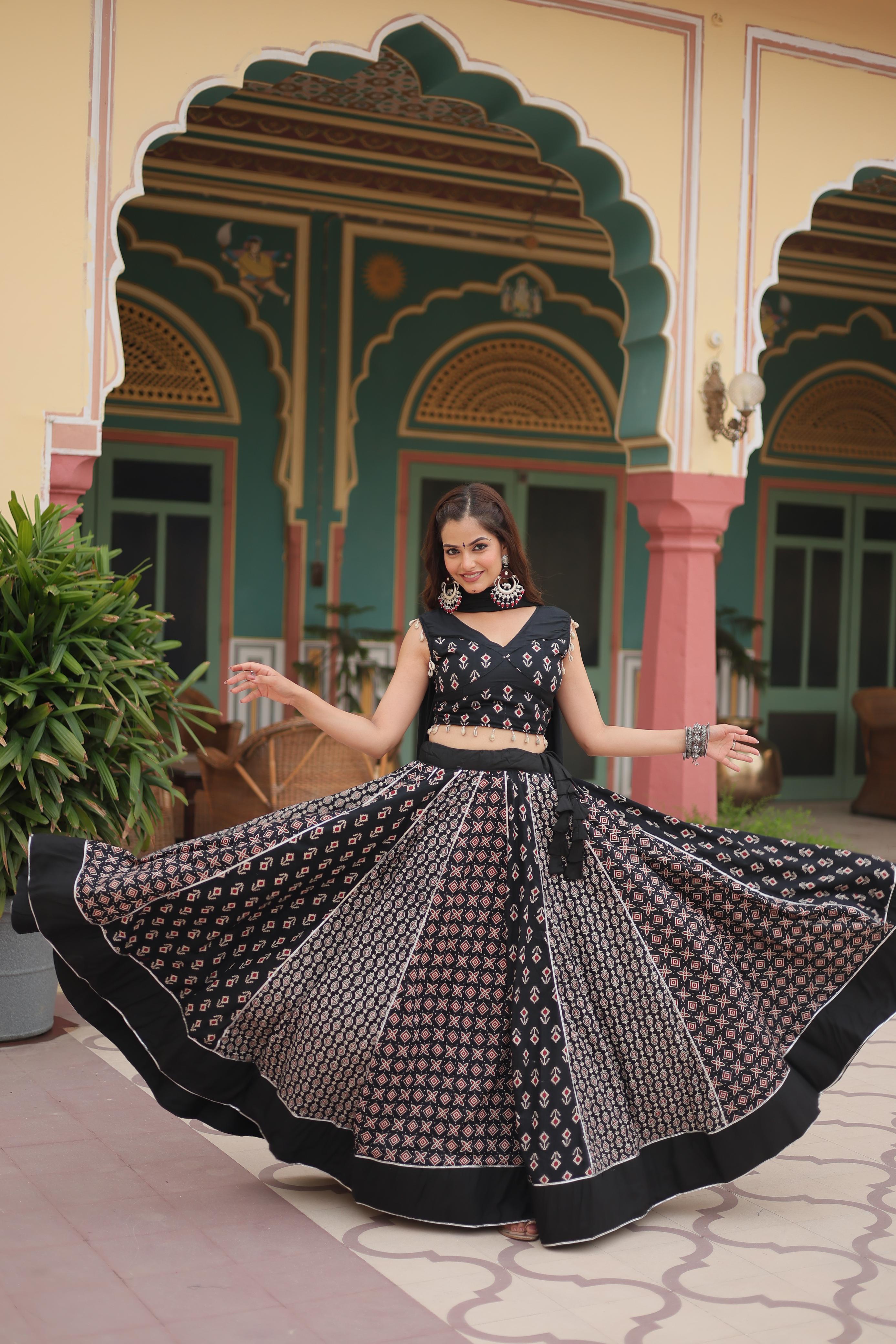 Lorenvalley Black Rayon Gota Patti Lace Printed Kali Pattern Lehenga Choli with Dupatta - Distacart
