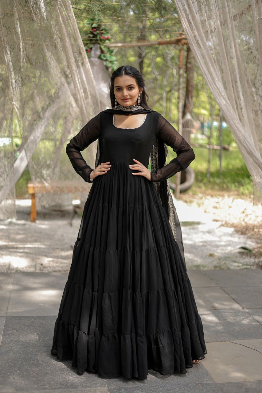 Evanik Black Faux Blooming Gown With Dupatta With Rich Sequins Embroidered work - Distacart