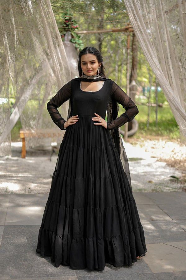 Evanik Black Faux Blooming Gown With Dupatta With Rich Sequins Embroidered work