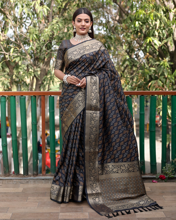 Lorenvalley Premium Bandhej Patola Silk Sarees with kanchi Borders and Contrast Zari Weaving borders Saree - Black - Distacart