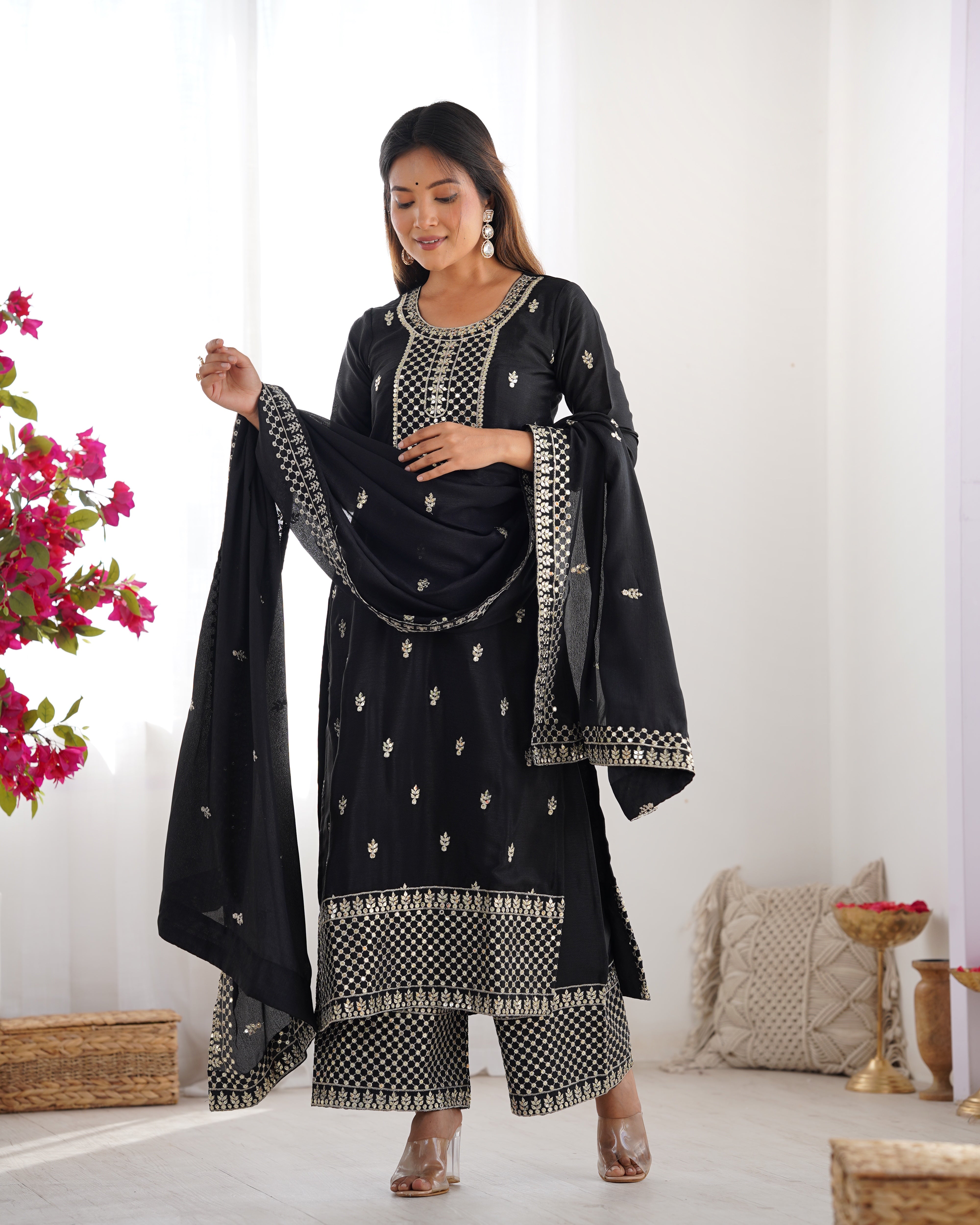 Lorenvalley Black Chinon Silk Embroidery Sequence and Jari Work Kurta Trousers with Dupatta Set - Distacart