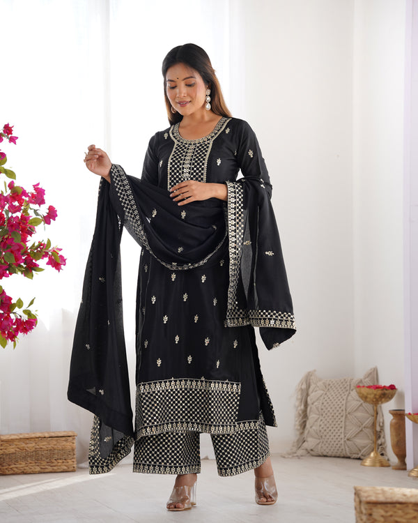 Lorenvalley Black Chinon Silk Embroidery Sequence and Jari Work Kurta Trousers with Dupatta Set