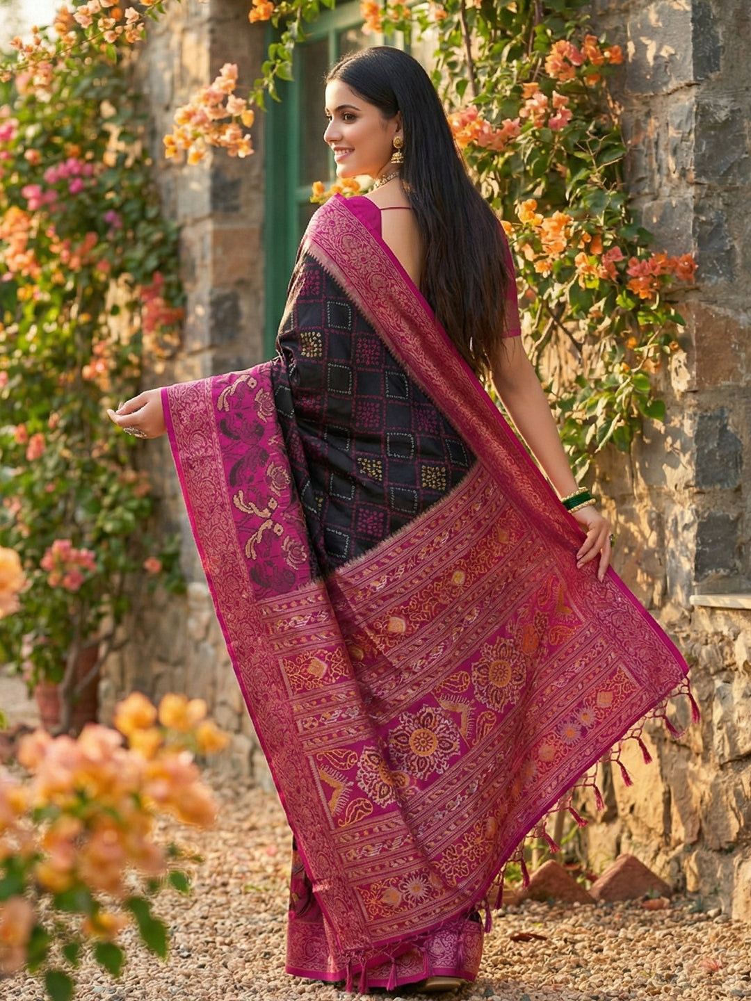 Anaita Black Pochampally Printed Saree With Blouse - Distacart