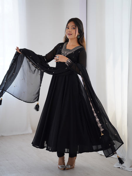 Lorenvalley Black Faux Georgette Fancy Embroidery Beads And Jari Work Anarkali Kurta Palazzo With Dupatta Set