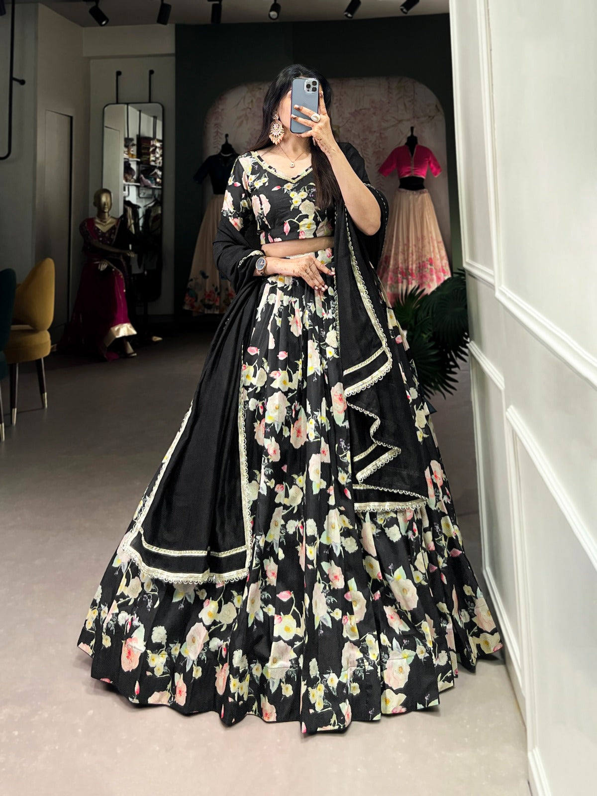 Lorenvalley Black Tussar Silk Floral Printed Lehenga Choli - Distacart