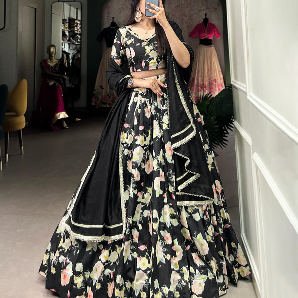 Lorenvalley Black Tussar Silk Floral Printed Lehenga Choli - Distacart