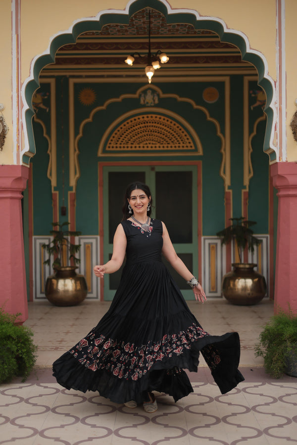 Lorenvalley Black Rayon Fabric with Printed Attached In Frill And Neck Gown - Distacart