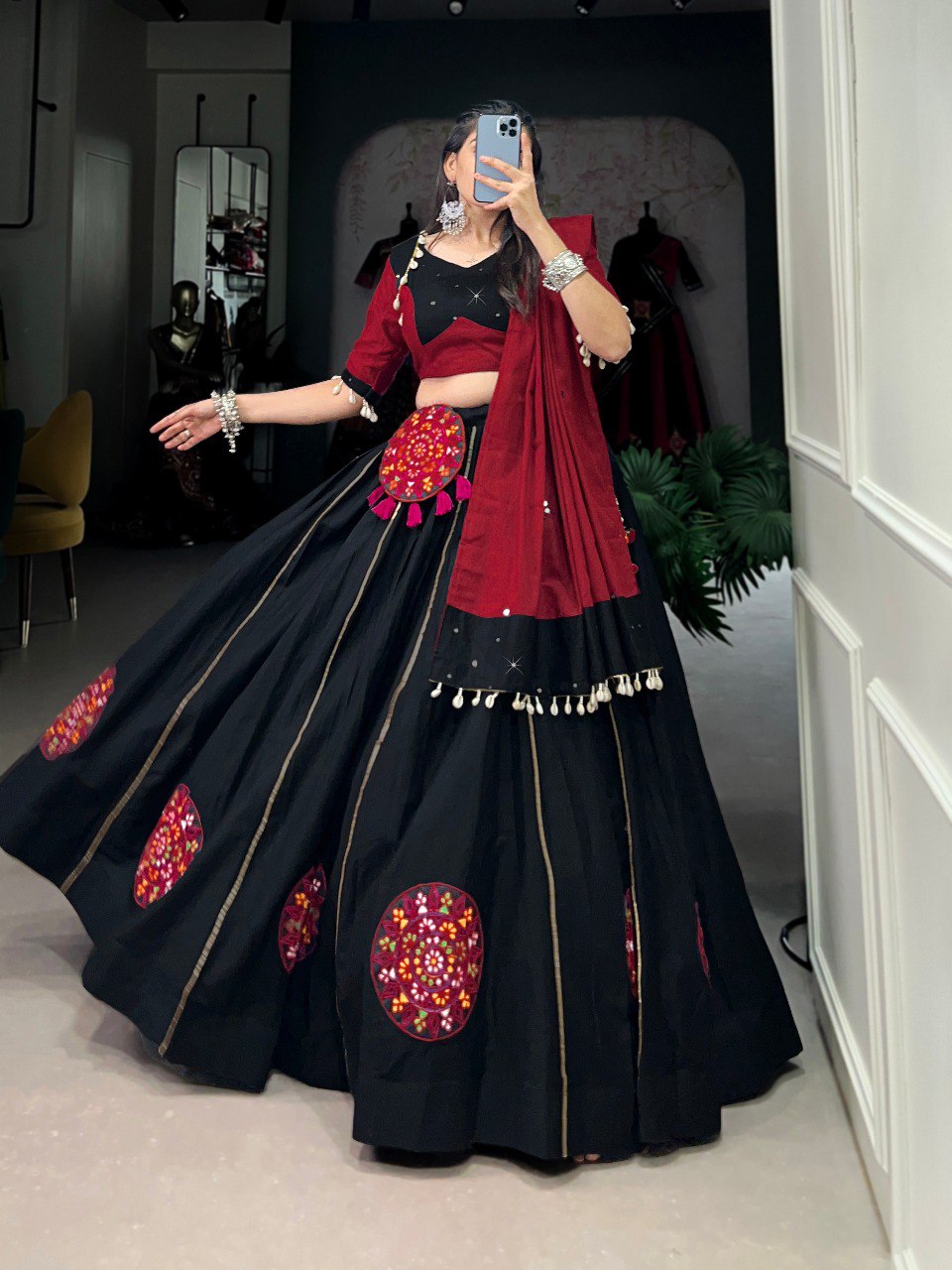 Lorenvalley Black Pure Cotton Plain And Gamthi Patch Work With Gota Patti Lehenga Choli with Dupatta - Distacart