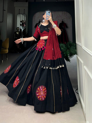 Lorenvalley Black Pure Cotton Plain And Gamthi Patch Work With Gota Patti Lehenga Choli with Dupatta - Distacart