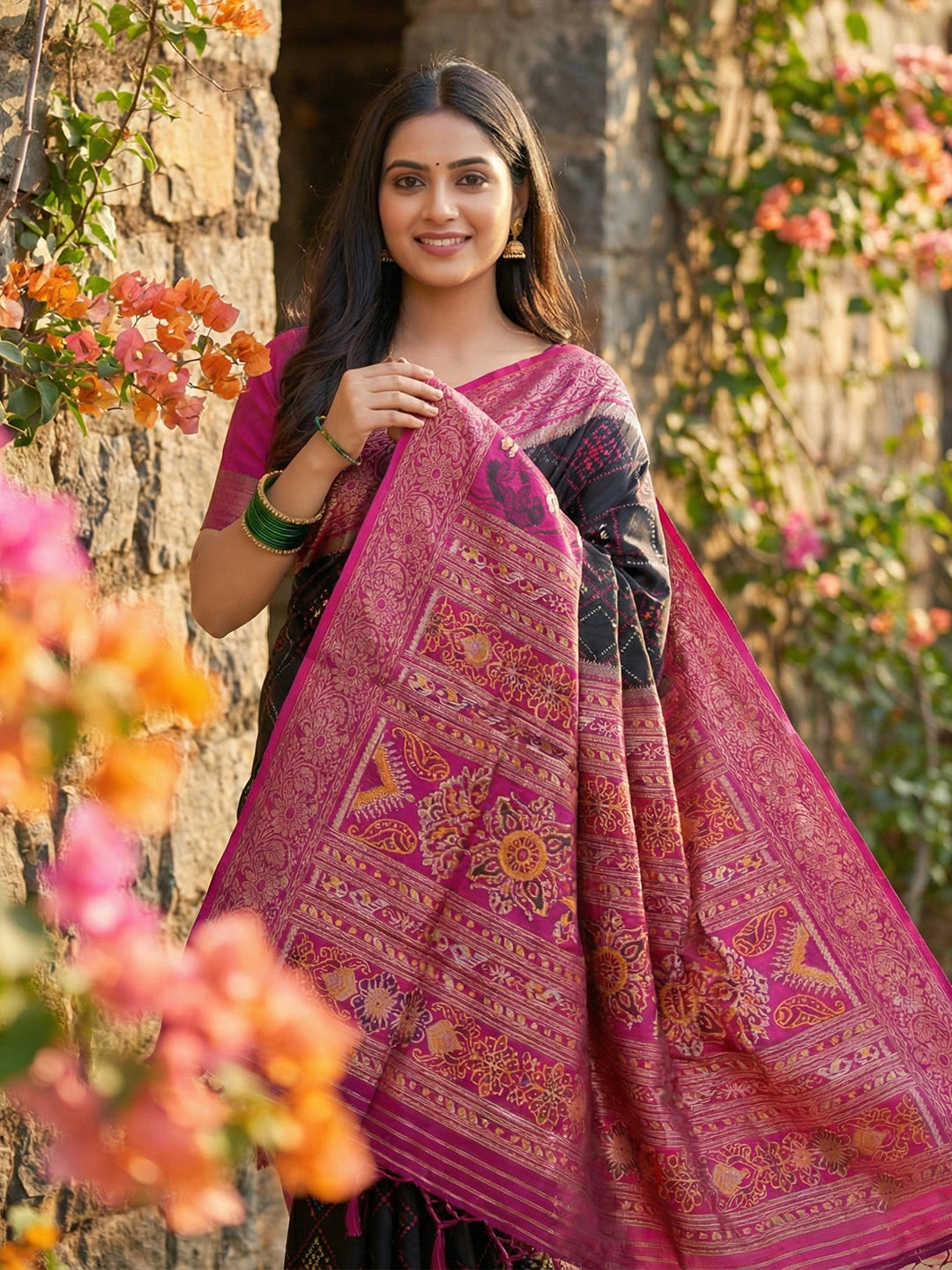 Anaita Black Pochampally Printed Saree With Blouse - Distacart