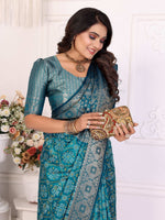 Thumbnail for Anaita Blue Soft Satin Silk Bandhej Print Saree With Kanchi Zari Weaving Border - Distacart
