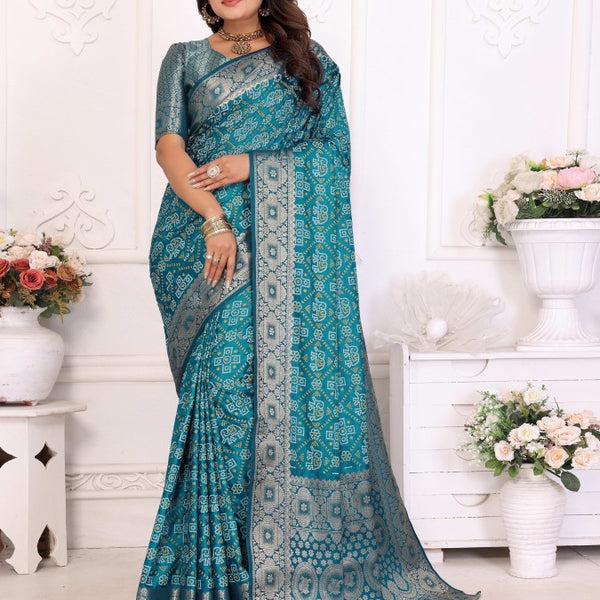 Anaita Blue Soft Satin Silk Bandhej Print Saree With Kanchi Zari Weaving Border - Distacart