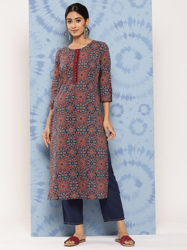 Yufta Blue Ajrak Printed Kurta Set - Distacart