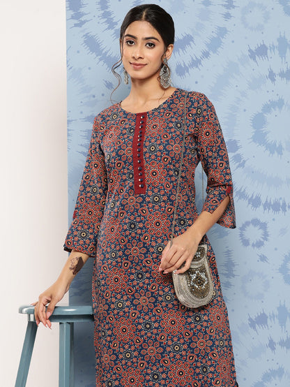 Yufta Blue Ajrak Printed Kurta Set - Distacart