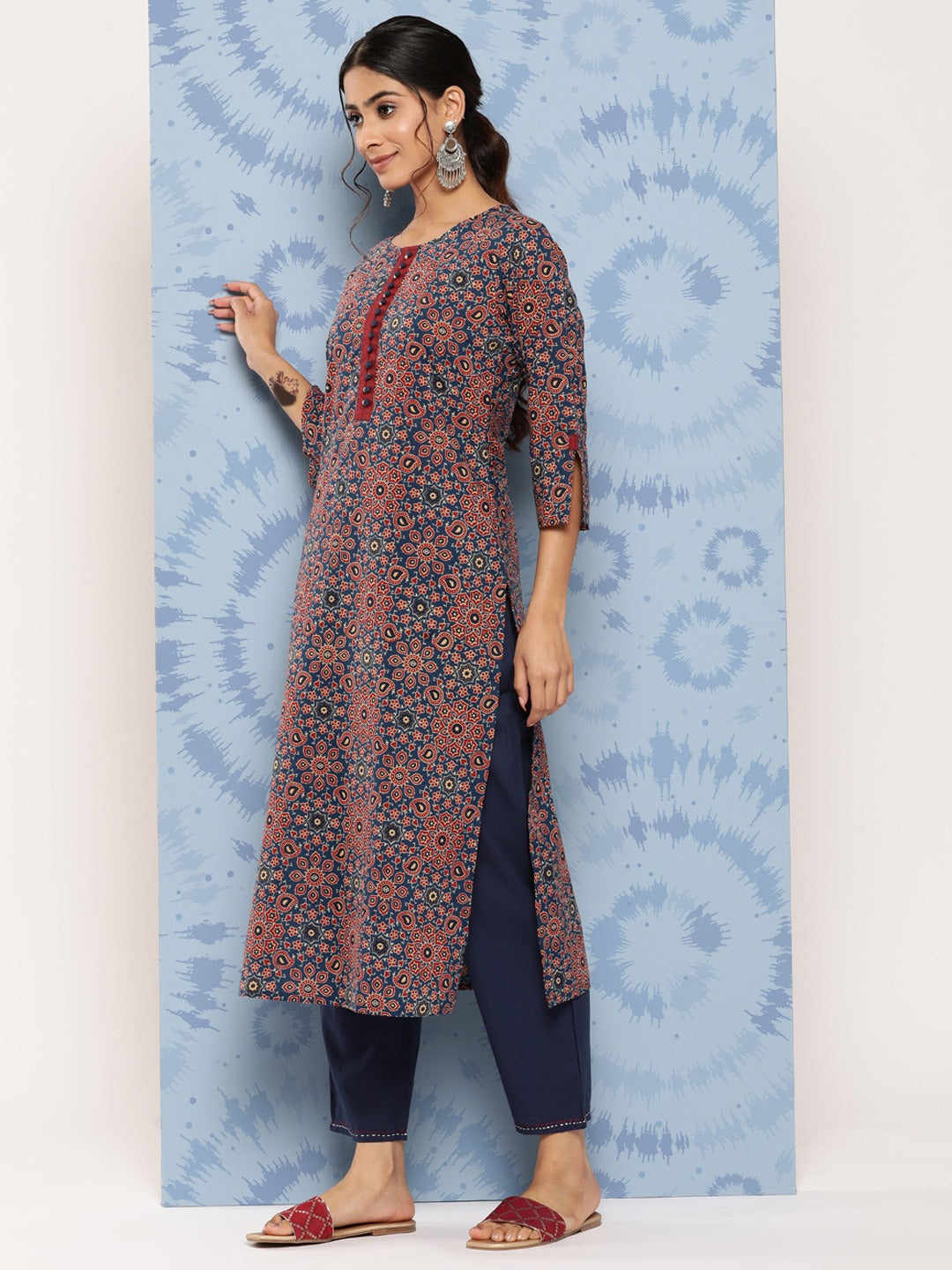 Yufta Blue Ajrak Printed Kurta Set - Distacart