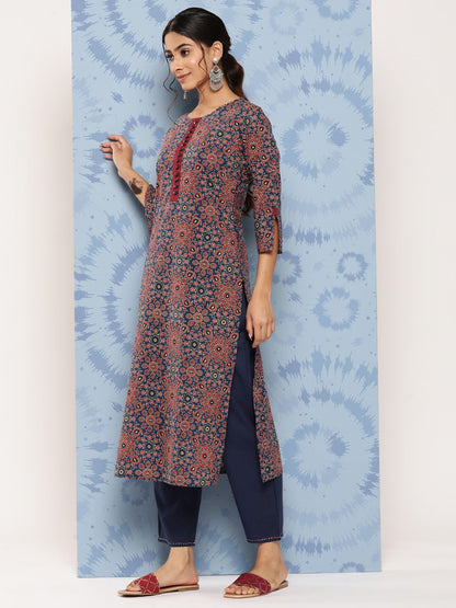 Yufta Blue Ajrak Printed Kurta Set - Distacart