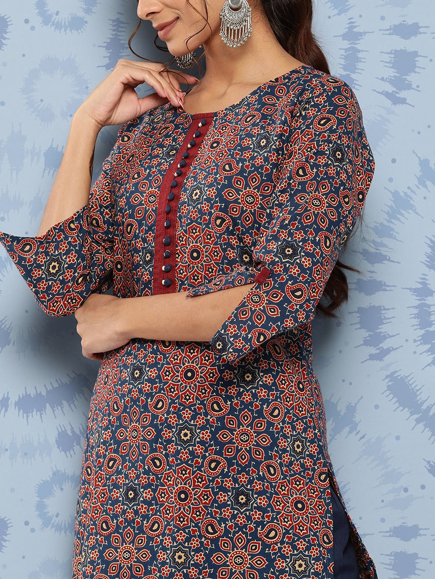 Yufta Blue Ajrak Printed Kurta Set - Distacart