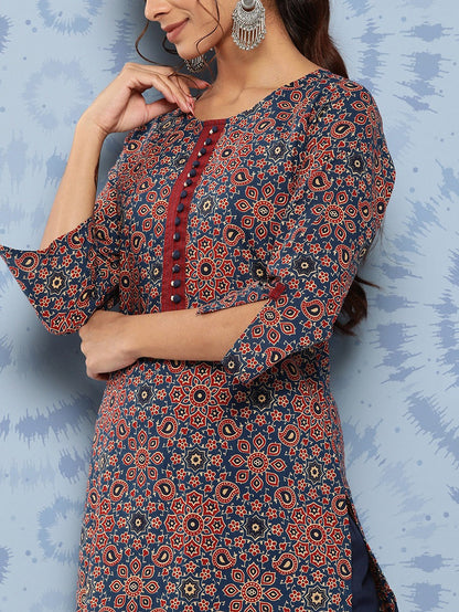 Yufta Blue Ajrak Printed Kurta Set - Distacart