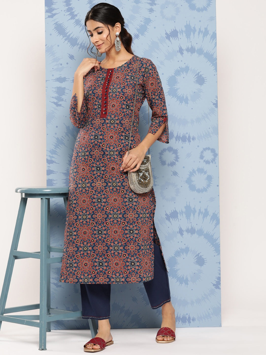 Yufta Blue Ajrak Printed Kurta Set - Distacart