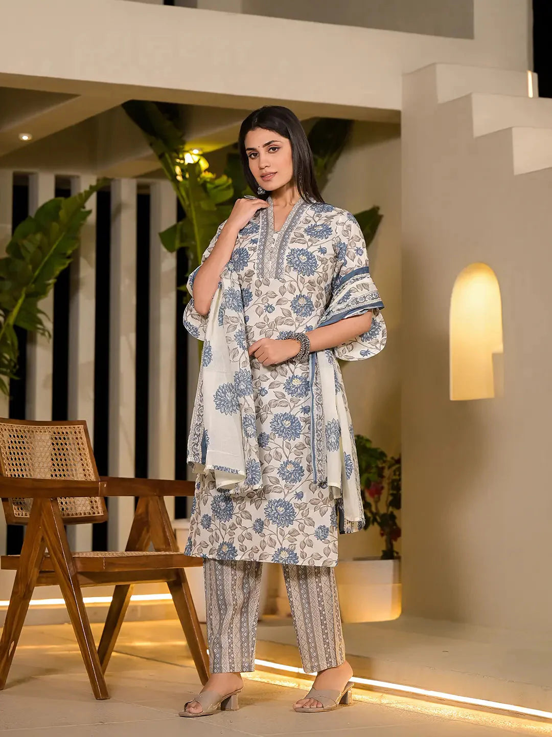 Yufta Blue And Off White Floral Print Cotton Straight Style Kurta And Trousers With Dupatta - Distacart