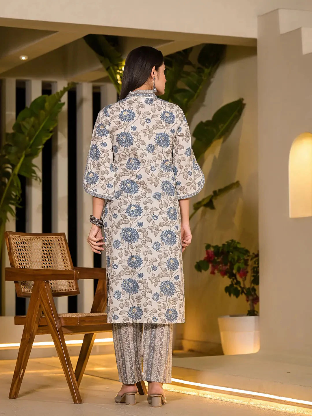 Yufta Blue And Off White Floral Print Cotton Straight Style Kurta And Trousers With Dupatta