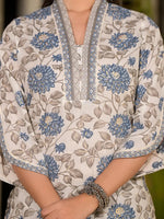 Thumbnail for Yufta Blue And Off White Floral Print Cotton Straight Style Kurta And Trousers With Dupatta