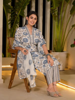 Thumbnail for Yufta Blue And Off White Floral Print Cotton Straight Style Kurta And Trousers With Dupatta