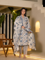 Thumbnail for Yufta Blue And Off White Floral Print Cotton Straight Style Kurta And Trousers With Dupatta