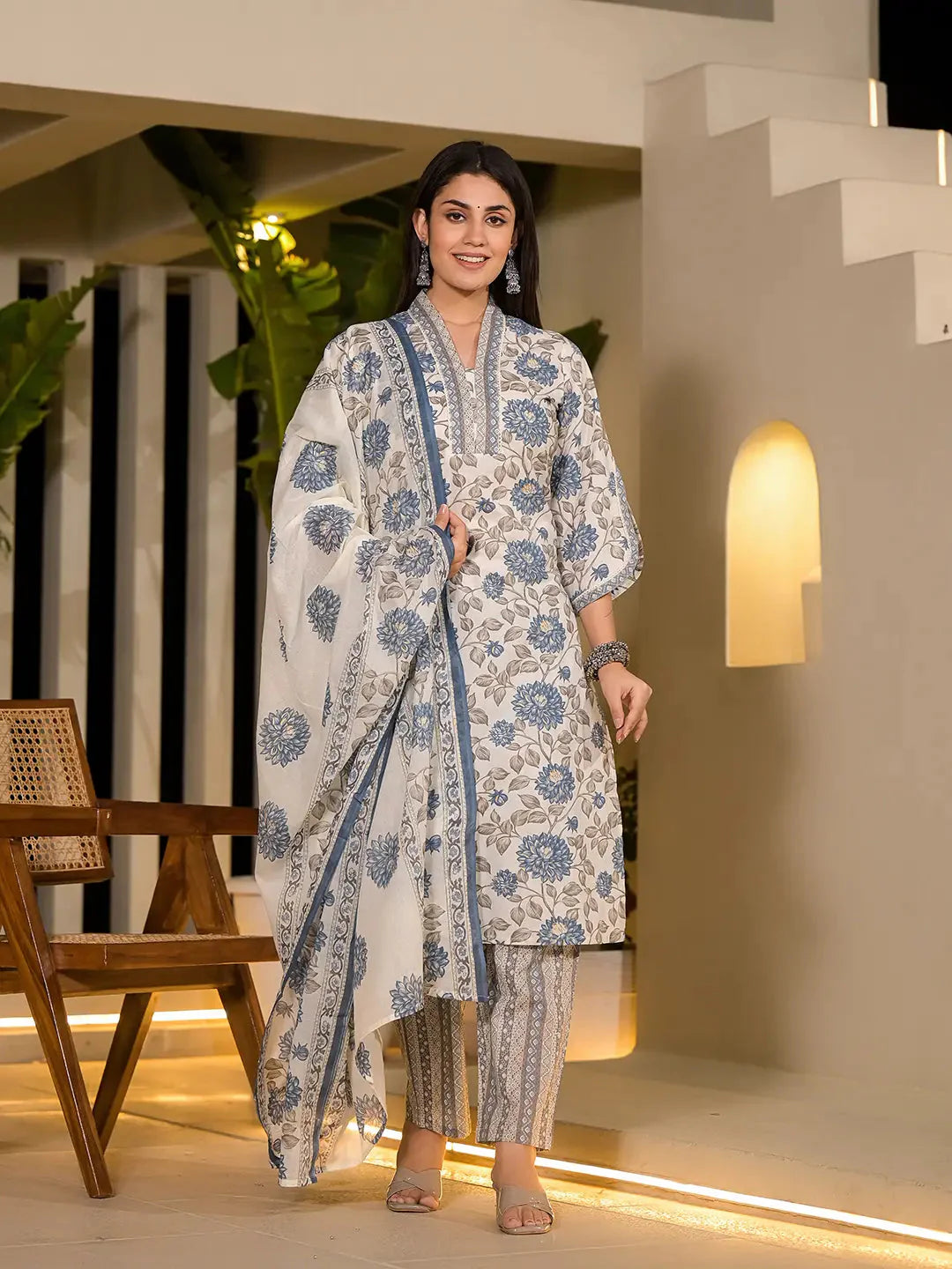 Yufta Blue And Off White Floral Print Cotton Straight Style Kurta And Trousers With Dupatta