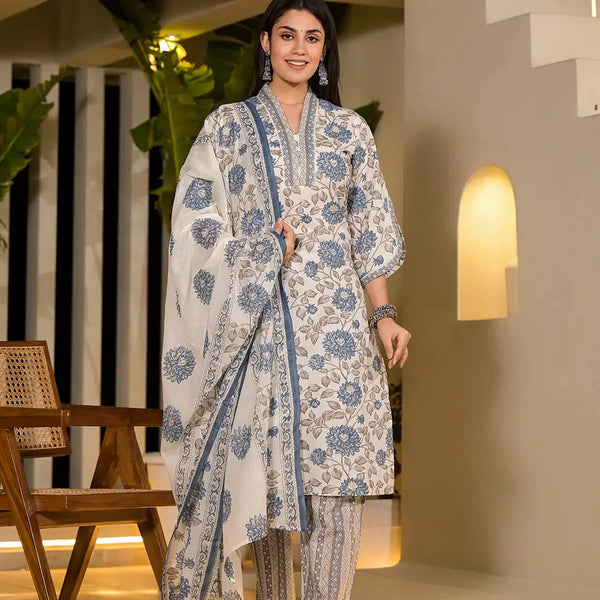 Yufta Blue And Off White Floral Print Cotton Straight Style Kurta And Trousers With Dupatta - Distacart